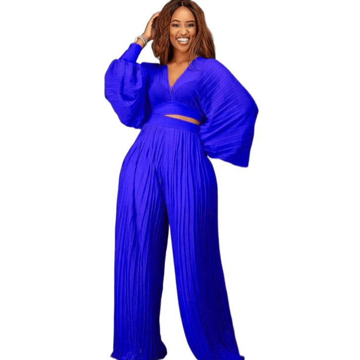 Cap Point Blue / S Cap Point Pleated Set Crop Top High Waist Wide Leg Pants