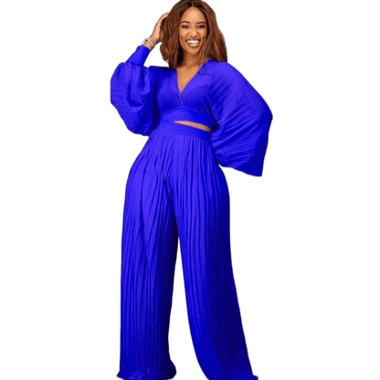Cap Point Blue / S Cap Point Pleated Set Crop Top High Waist Wide Leg Pants