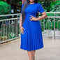 Cap Point Blue / S Daniella Pleated Mid-Calf High Waist Round Neck Half Sleeve Dress