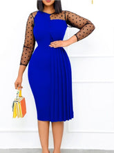 Load image into Gallery viewer, Cap Point Blue / S Donda Polka Dot Patchwork Mesh Sleeve Bodycon Pleated Sheath Dress
