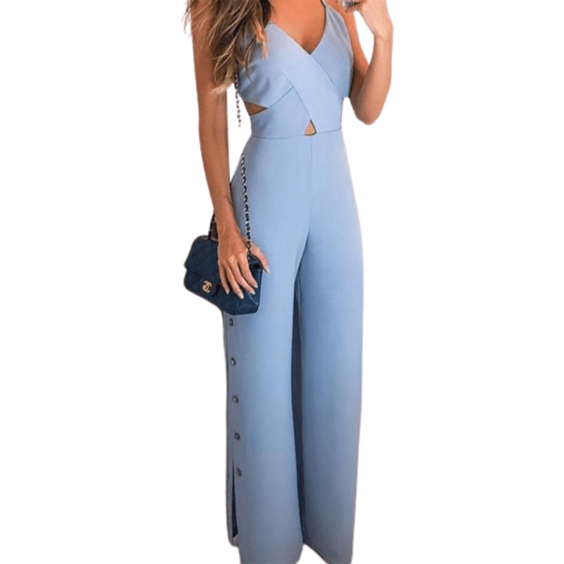 Cap Point Blue / S Elegant Sexy Crisscross Spaghetti Strap V-Neck Button Slit Side Jumpsuit