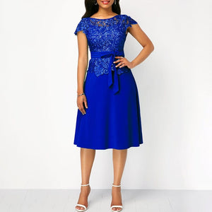 Cap Point Blue / S Elegant Women Fashion Bow Lace Patchwork Dress with Belt