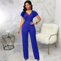 Cap Point Blue / S Elianne High Waist Plain Short Sleeve Wide Leg Jumpsuit