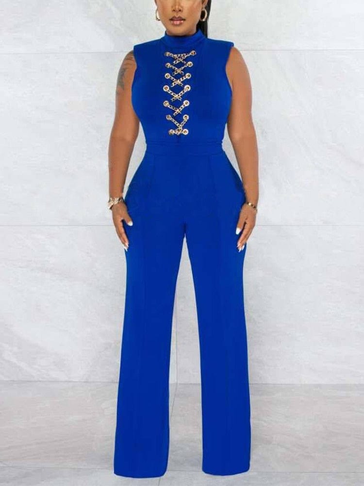 Cap Point Blue / S Elianne Sleeveless Casual Chain Lace Up Slim Jumpsuit