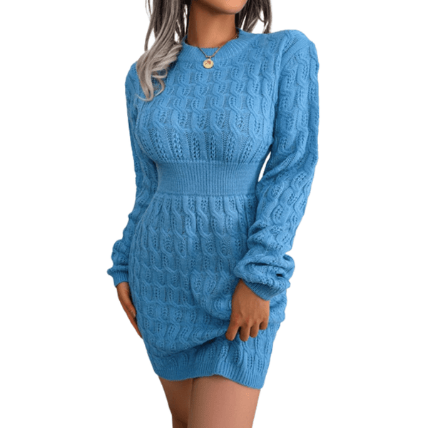 Cap Point Blue / S Elisa Fashion O Neck Solid Elastic Winter Twist Knitting Sweater Dress