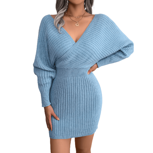 Cap Point Blue / S Elisa Long Batwing Sleeve Slim Elastic Knitted Sweater Dress