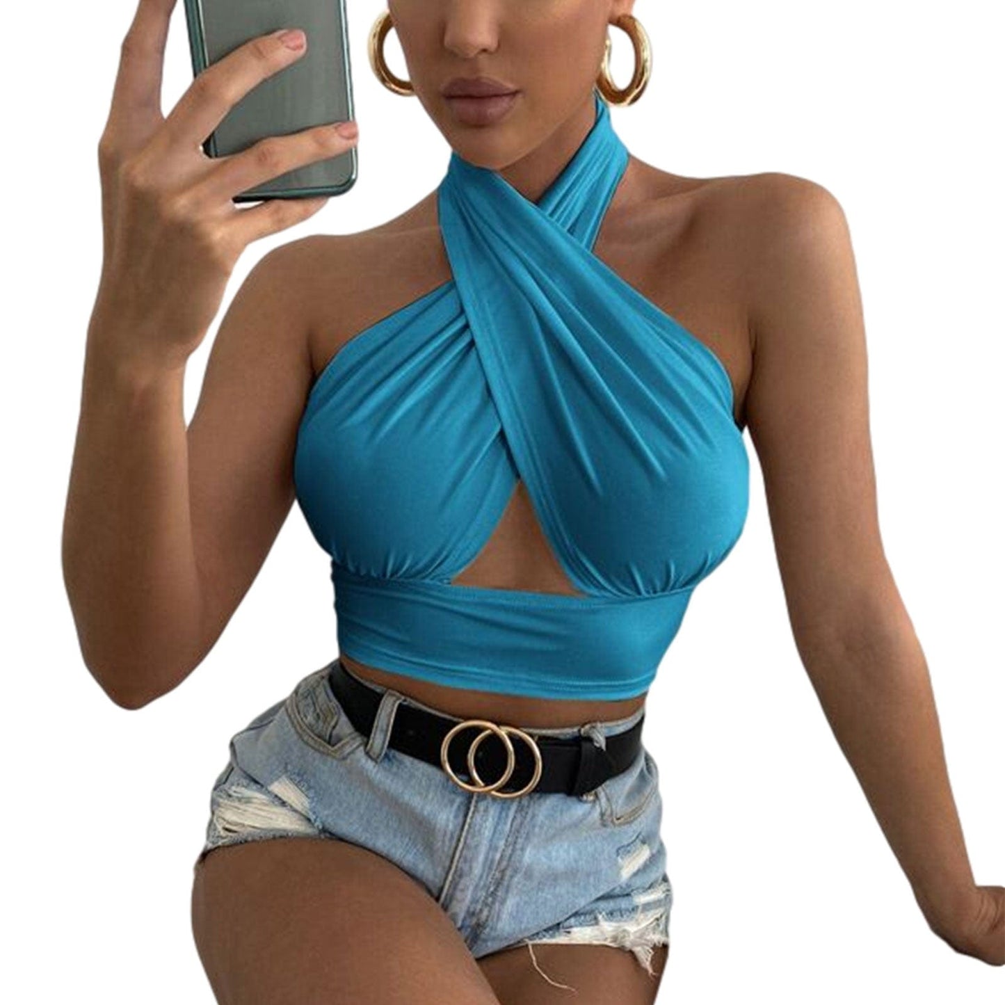 Cap Point Blue / S Fashion Sexy Sleeveless Backless Halter Crop Top
