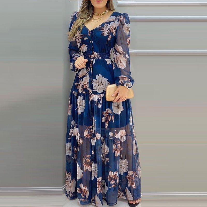 Cap Point blue / S Floral Print sexy V-Neck Chiffon Maxi Dress