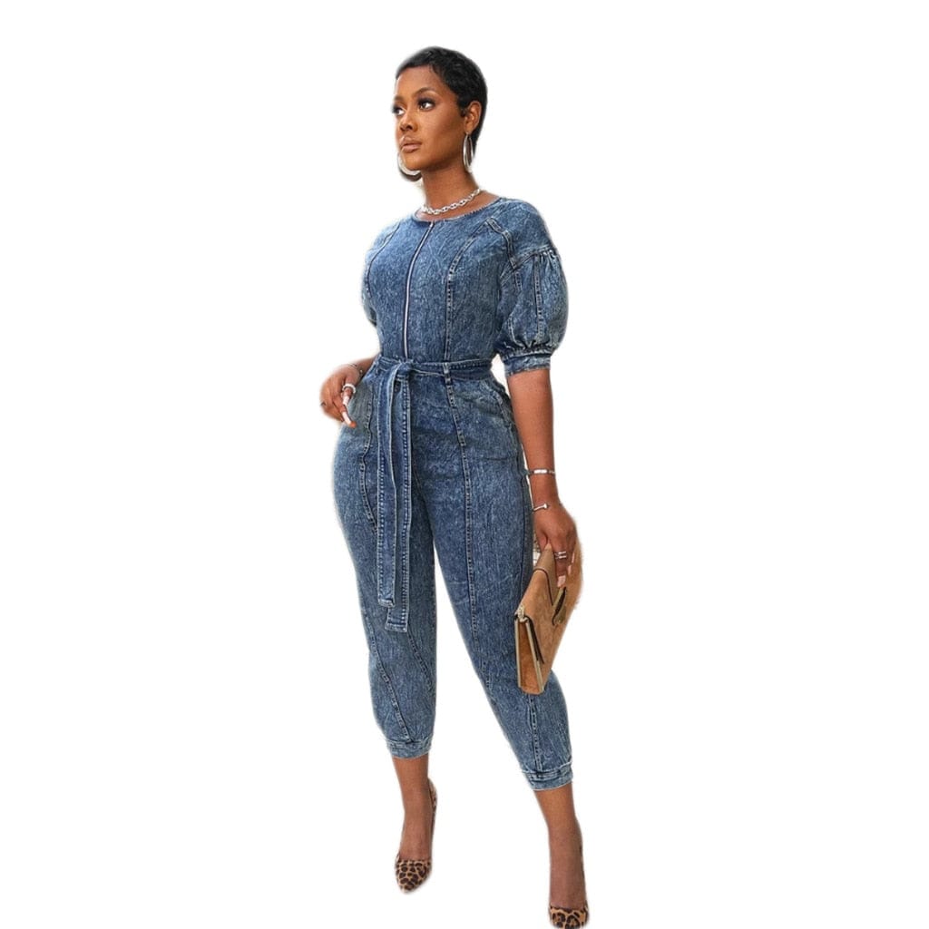 Cap Point Blue / S Marissa Short Sleeve O-neck Zipper Bandage Sashes Stretchy Pencil Playsuit