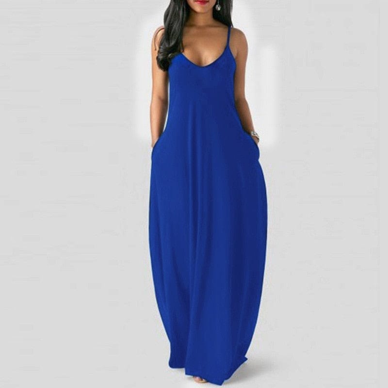 Cap Point Blue / S Melania Sexy Bohemian Loose Sleeveless V-Neck Strappy Maxi Dress