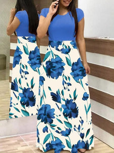 Cap Point Blue / S Michelle Summer Banquet Floral Print Short Sleeve Maxi Dress