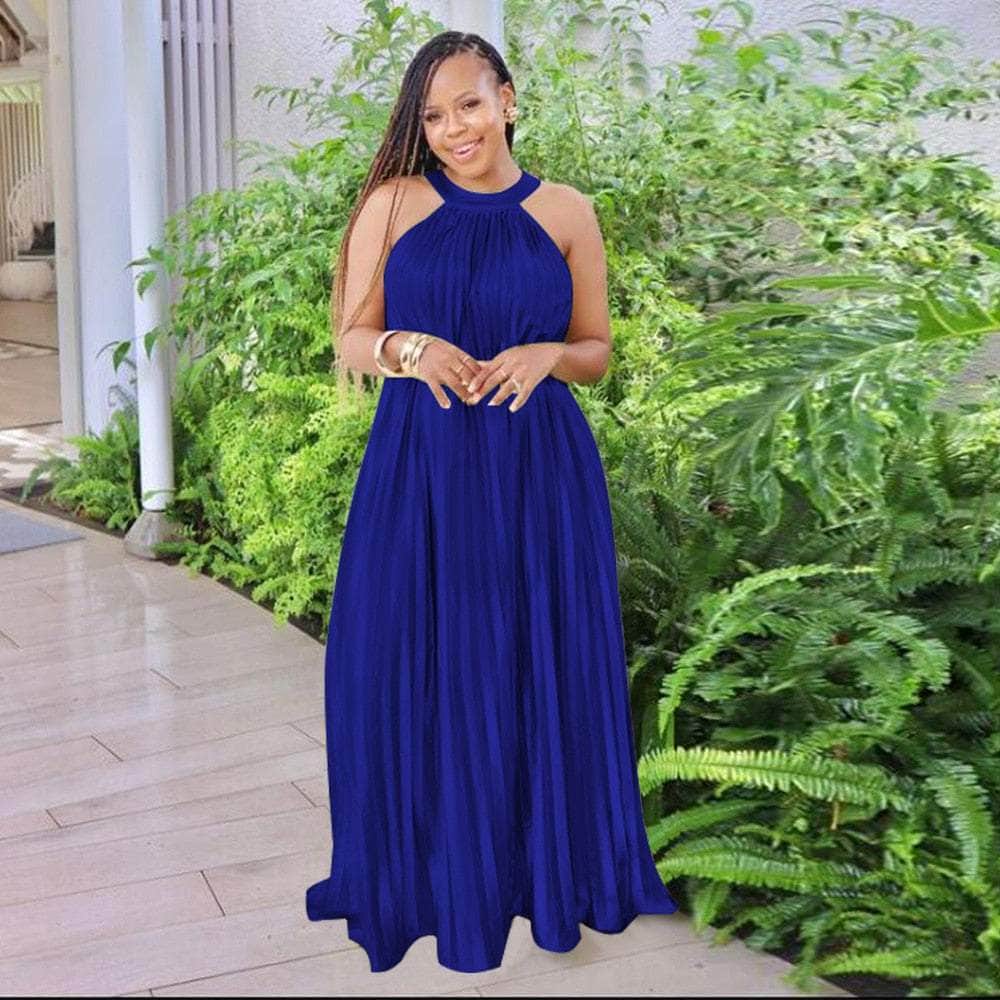 Cap Point Blue / S Modimo Pleated Sleeveless Halter Neck Loose Big Swing Maxi Dress