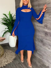 Load image into Gallery viewer, Cap Point Blue / S Monroe Flare Sleeve Hollow Out Bodycon Elegant Mermaid Dress
