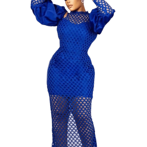 Cap Point Blue / S Monroe Hollow Out Lantern Sleeve Bodycon High Waisted Ankle Length Luxury Dress