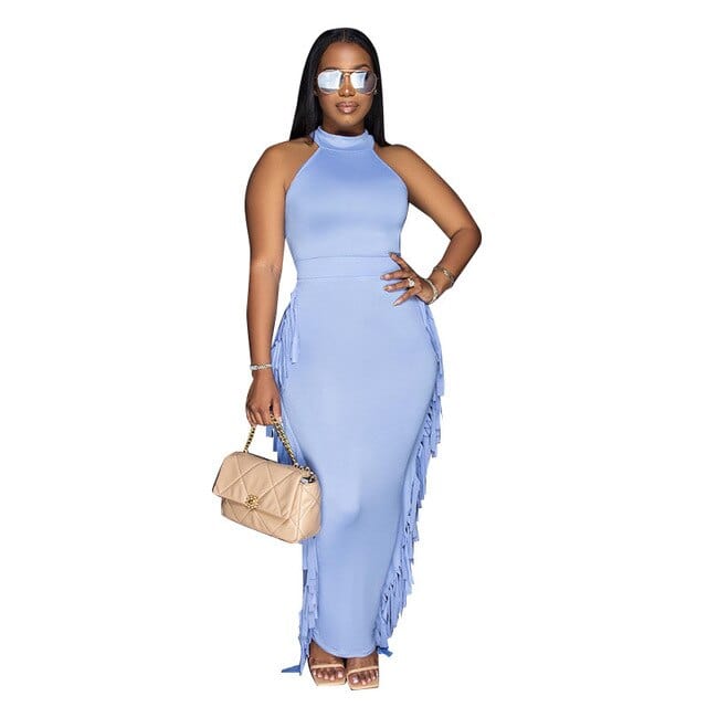 Cap Point Blue / S Monroe Sexy Sleeveless Tassels Bodycon Maxi Dress