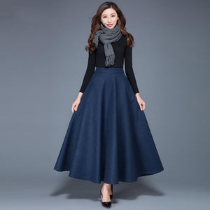 Cap Point Blue / S Nadia Winter Thick Warm Elastic A-Line Woolen Maxi Skirt