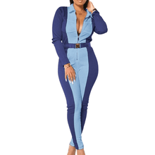 Load image into Gallery viewer, Cap Point blue / S Natasha Colorblock Print Zip Ribbed Full Sleeve Turn Down Collar Romper
