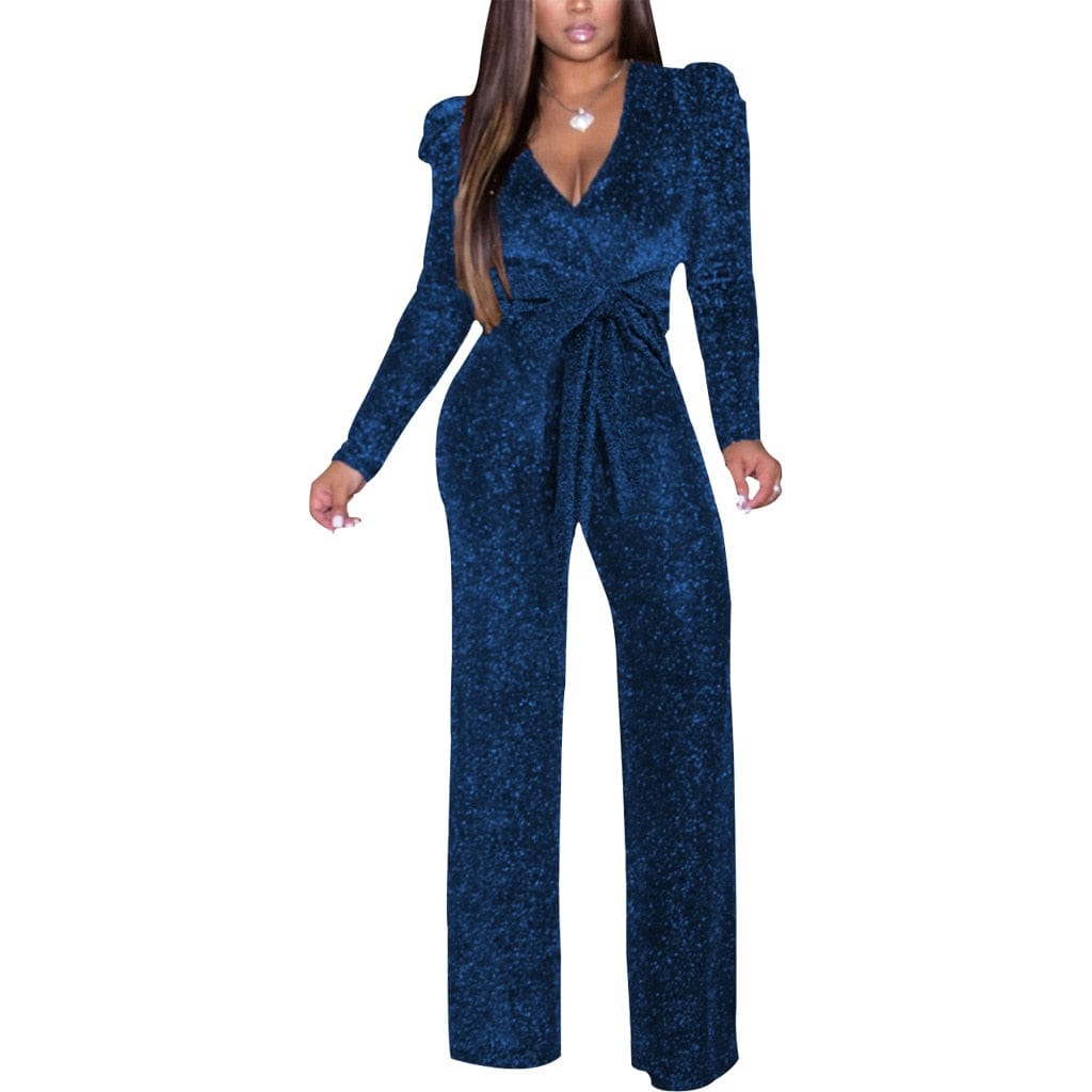 Cap Point Blue / S Natasha Elastic Glitter Long Sleeve V-neck Romper