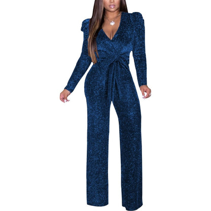 Cap Point Blue / S Natasha Elastic Glitter Long Sleeve V-neck Romper