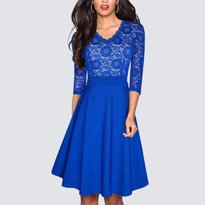 Cap Point Blue / S New Vintage Stylish Floral Lace Patchwork Black Party Dress