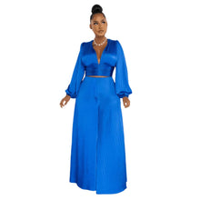 Load image into Gallery viewer, Cap Point Blue / S Okeleye Two Piece Long Sleeve V Neck Crop Top Wide Leg Trousers Set
