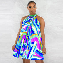 Load image into Gallery viewer, Cap Point Blue / S Olivia Geometrical Halter Neck Pleated Big Swing Loose Beach Holiday Dress
