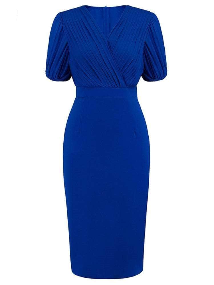 Cap Point Blue / S Olivia Gorgeous Pencil Short Sleeve Bodycon Vintage Wrap Bodycon Dress