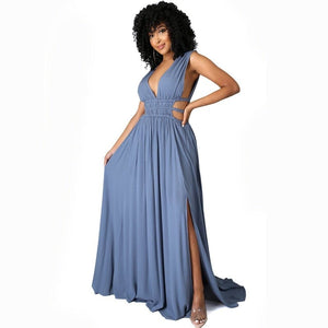 Cap Point Blue / S Plain Sleeveless V-Neck Slit Maxi Dress