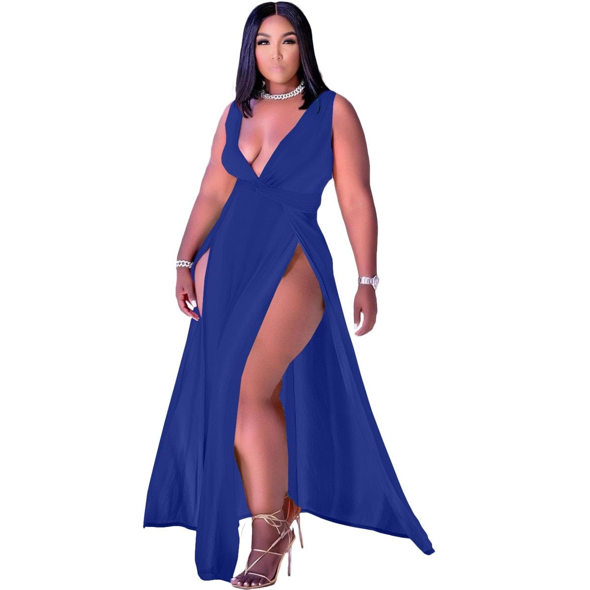 Cap Point Blue / S Plain V-neck Sleeveless Loose Slit Maxi Dress