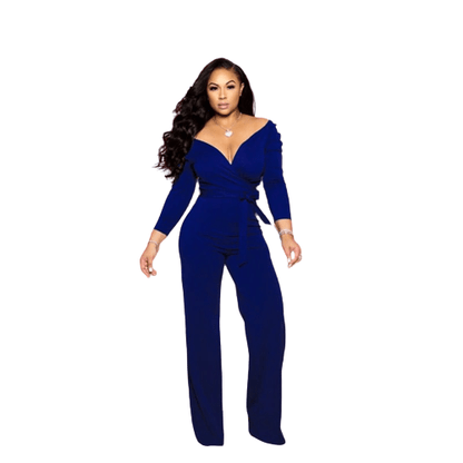 Cap Point Blue / S Solid Sexy Deep V Neck Full Sleeve  Work Party Casual Slim Jumpsuits