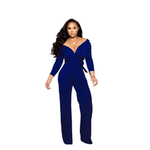 Load image into Gallery viewer, Cap Point Blue / S Solid Sexy Deep V Neck Full Sleeve  Work Party Casual Slim Jumpsuits
