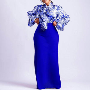 Cap Point Blue / S Urielle Elegant OL Print Bowknot Lace-up Shirt Long Skirt Two Piece Suit