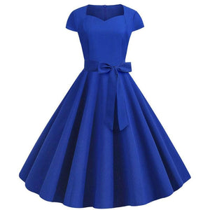 Cap Point Blue / S Urielle Short Sleeve Square Collar Elegant Office Party Midi Dress with Belt