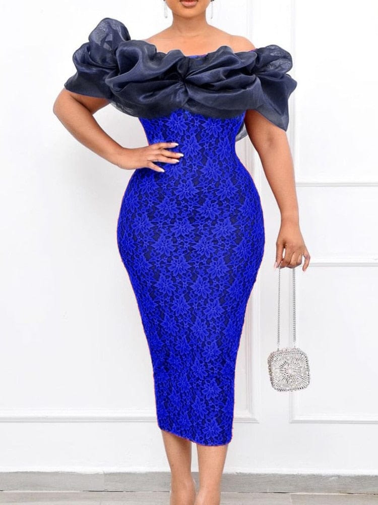 Cap Point Blue / S Vintage Lace Puff Off Shoulder Slit Print Floral Pencil Dress