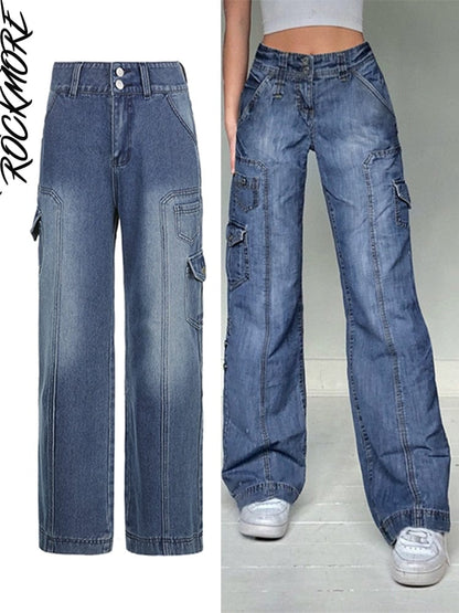Cap Point Blue / S Vintage Streetwear Pockets Wide Leg Baggy Cargo Jeans Pants