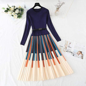 Cap Point Blue Stripe / XL Cap Point  Elegant Knitted  Pleated Dress