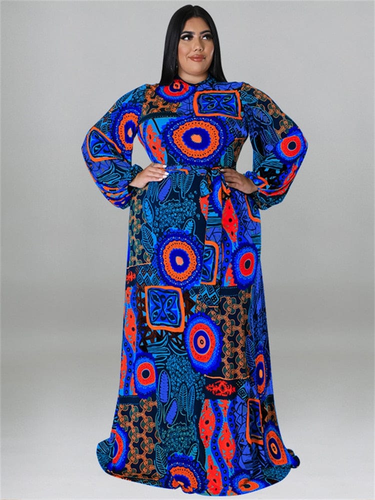 Cap Point Blue / XL Doris Plus Size Elegant Long Sleeve Printed  Maxi Dress