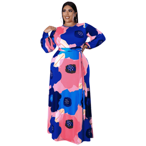 Cap Point Blue / XL Doris Plus Size Loose Long Sleeve Flower Print Big Hem Elegant Maxi Dress