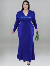 Load image into Gallery viewer, Cap Point Blue / XL Doris Plus Size V Neck Sexy Long Sleeve Fashion Elegant Evening Luxurious Maxi Dress
