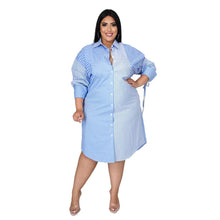 Load image into Gallery viewer, Cap Point Blue / XL Meda Plus size Splicing stripe printing long sleeve casual shirt dress
