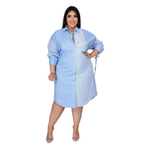 Cap Point Blue / XL Meda Plus size Splicing stripe printing long sleeve casual shirt dress