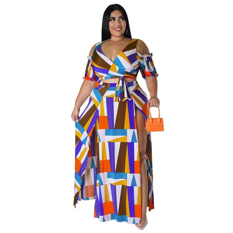 Cap Point Blue / XL Mongengo Plus Size Two 2 Piece Short Sleeve V-neck Crop Tops + Long Fork Skirt