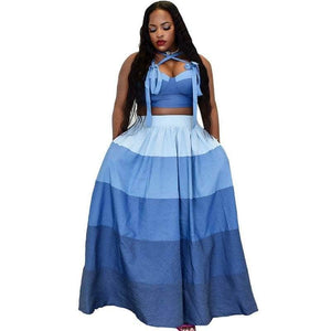 Cap Point Blue / XL Mongengo Two Piece Matching Summer Striped Sleeveless Top Skirt