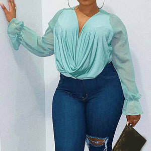 Cap Point Blue / XL Natacha Chiffon Oversized Long Sleeve V-Neck Blouse