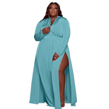 Load image into Gallery viewer, Cap Point Blue / XL Perline Plus Size Solid V Neck  Slip Side Hem Party Fall Maxi Dress
