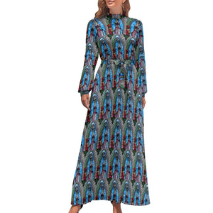 Cap Point Blue / XS Mary High Neck Long-Sleeve Boho Style Maxi Dress