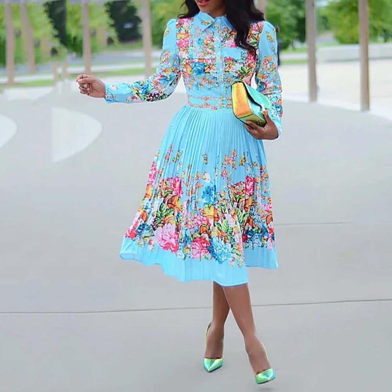 Cap Point Blue / XXXL Elmeda Long Sleeve Pleated Floral Print Dress