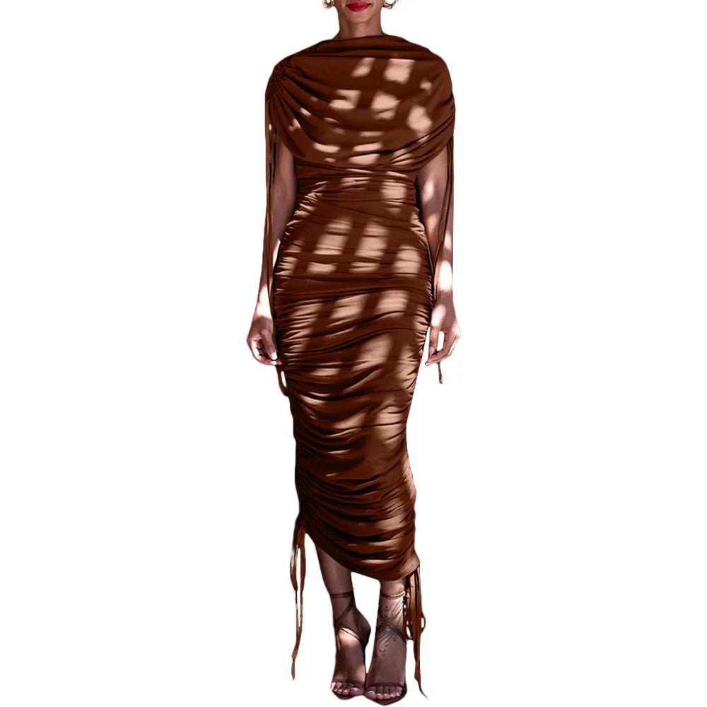 Cap Point Brow / XL Aimee Elegant Ruched Pleated Zipper Up Sleeveless Maxi Dress