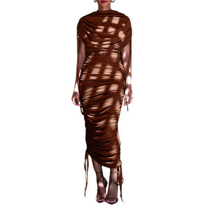 Cap Point Brow / XL Aimee Elegant Ruched Pleated Zipper Up Sleeveless Maxi Dress