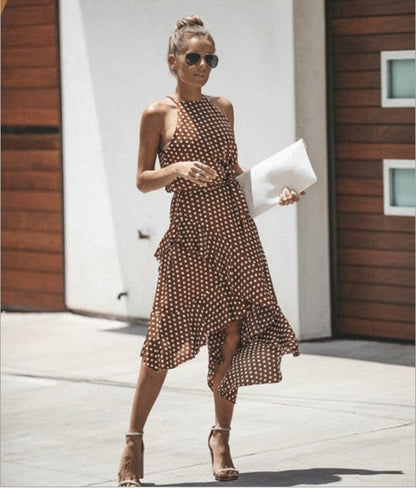 Cap Point brown 1 / S Madeline Summer Ruffles Halter Irregular Lace Up Polka Dot Dress